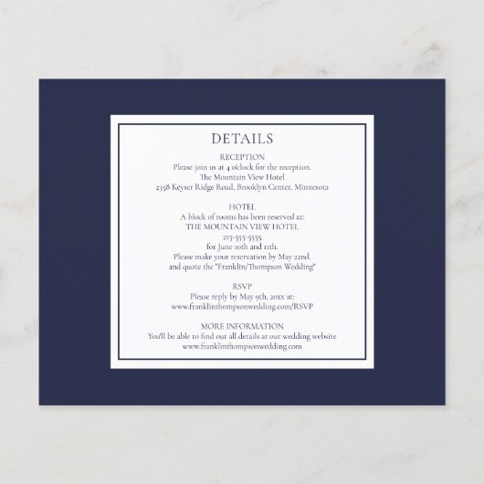 1つのネイビーブルーフォトウェディング招待で予算を全て (裏面)