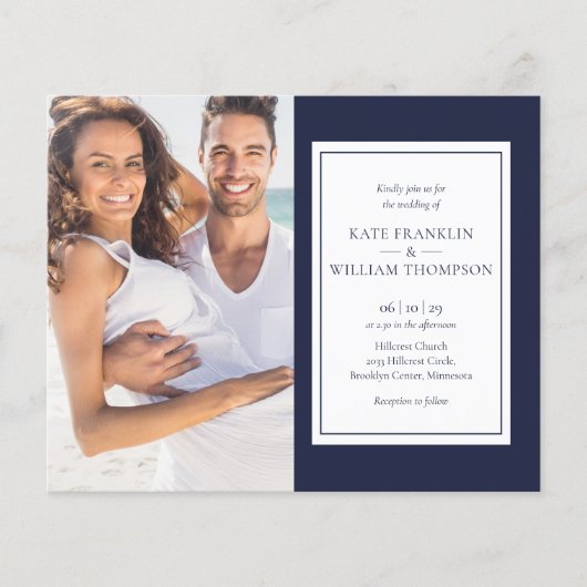 1つのネイビーブルーフォトウェディング招待で予算を全て (正面)