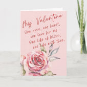1つのバラ、1つのハート、愛とブリスバレンタイン カード (正面)