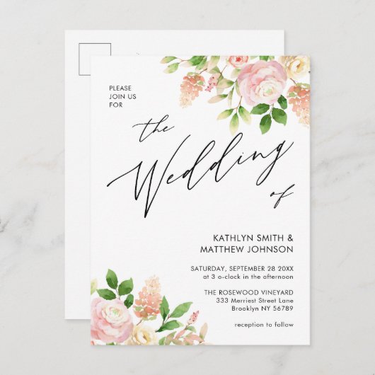 1つのピンク色のバラの緑のQRコード結婚すべて インビテーションポストカード (正面/裏面)