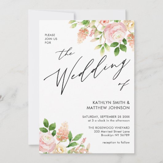 1つのピンク色のバラの緑のQRコード結婚すべて 招待状 (正面)