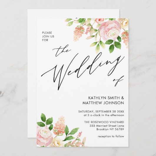 1つのピンク色のバラの緑のQRコード結婚すべて 招待状 (正面/裏面)