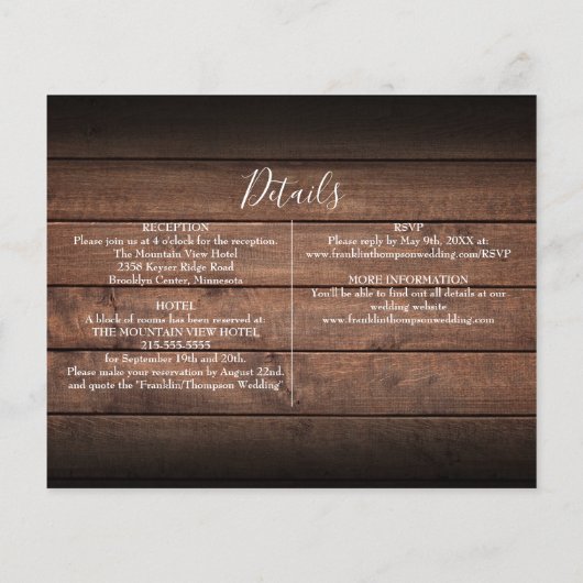 1つのフォト結婚式招待状ですべて素朴の予算を設定 (裏面)