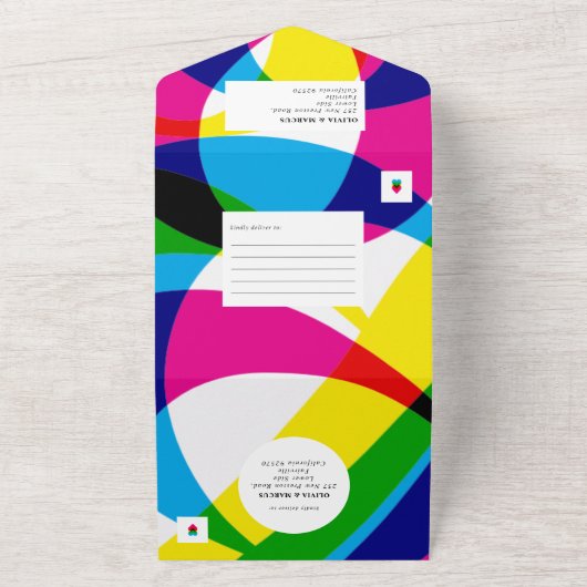 1つのポップ・アートの結婚式の招待で色をすべて付ける オールインワン招待状 (外側)