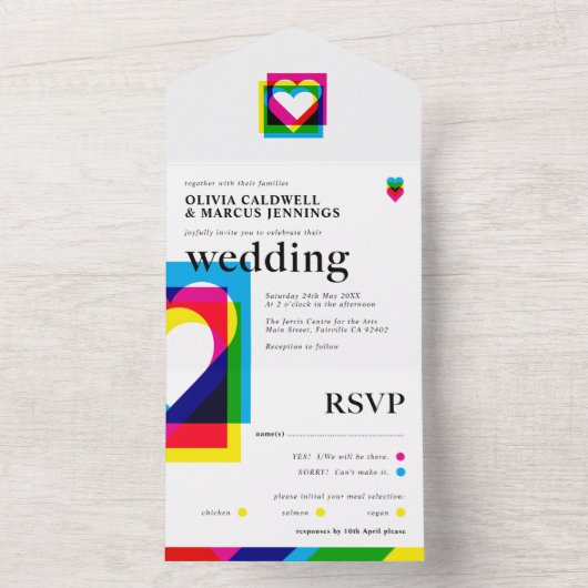1つのポップ・アートの結婚式の招待で色をすべて付ける オールインワン招待状 (内側)