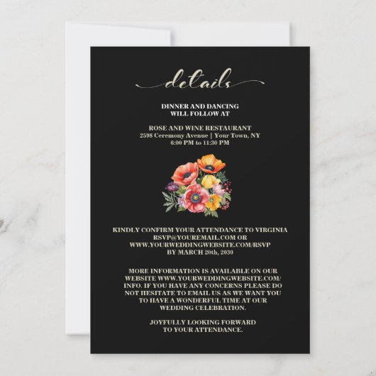 1つのポピーカラフルズの黒の結婚全て 招待状 (裏面)