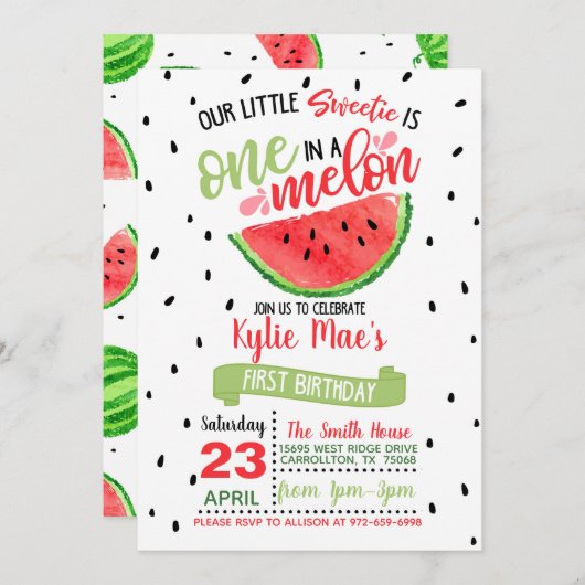 1つのメロン誕生日招待状 – 赤 招待状 (正面/裏面)
