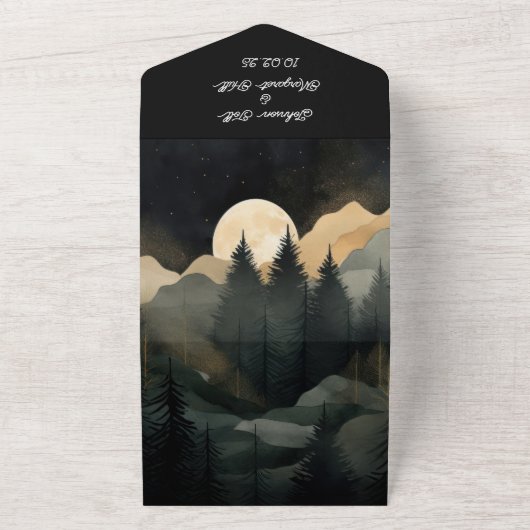 1つのモダン結婚式で森の月の夜 オールインワン招待状 (外側)