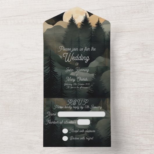 1つのモダン結婚式で森の月の夜 オールインワン招待状 (内側)