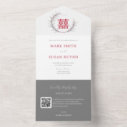 1つのモダン結婚式招待状中国の内のすべて(赤) オールインワン招待状 (内側)