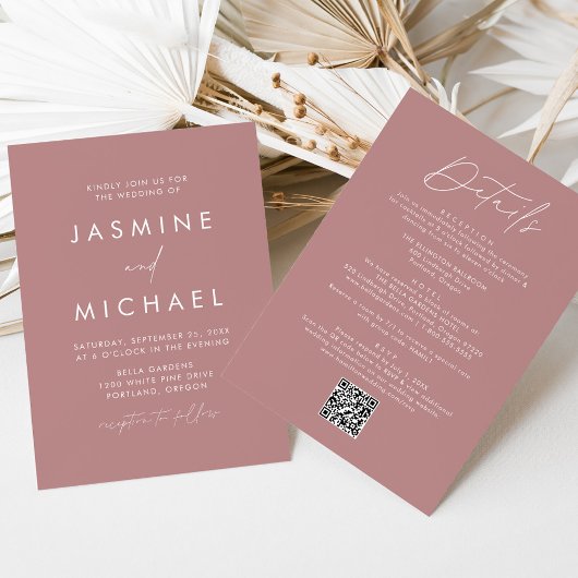 1つのモダンQRコード内の埃の多い結婚バラ 招待状