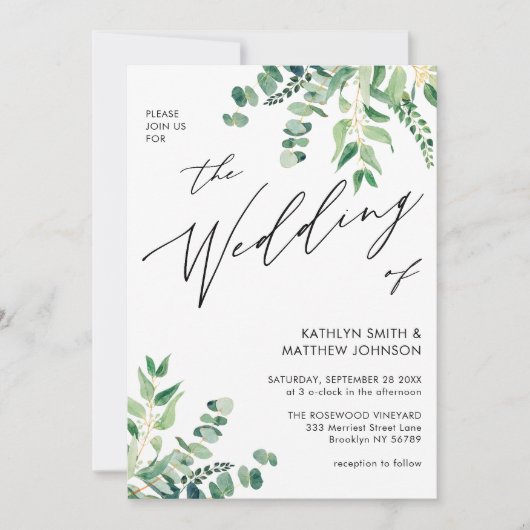 1つのユーカリの緑の中でQRコー結婚ド 招待状 (正面)