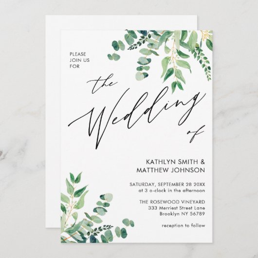 1つのユーカリの緑の中でQRコー結婚ド 招待状 (正面/裏面)