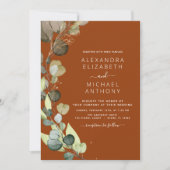 1つのユーカリQRコードで燃えたオレンジ結婚色 招待状 (正面)