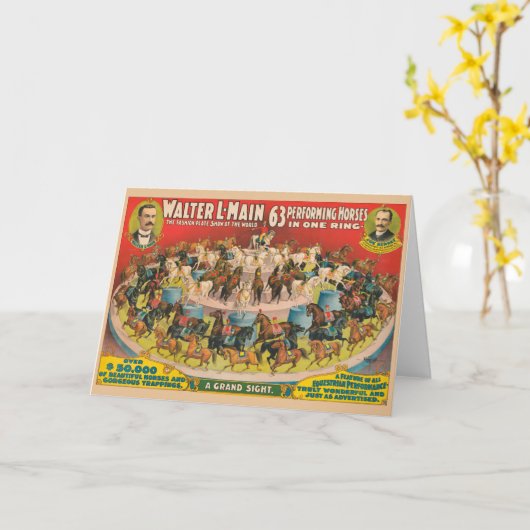 1つのリングや輪で63の馬を演奏するサーカスのポスター カード (黄色い花)