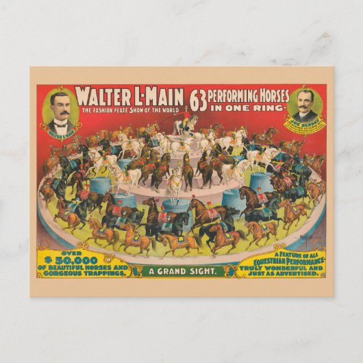 1つのリングや輪で63の馬を演奏するサーカスのポスター ポストカード (正面)