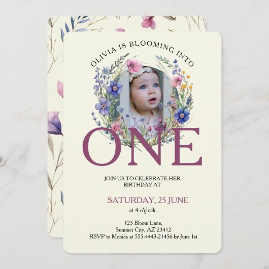 1つのワイルドフラワーにブルーミン写真1st誕生日 招待状 (正面/裏面)