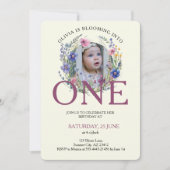 1つのワイルドフラワーにブルーミン写真1st誕生日 招待状 (正面)