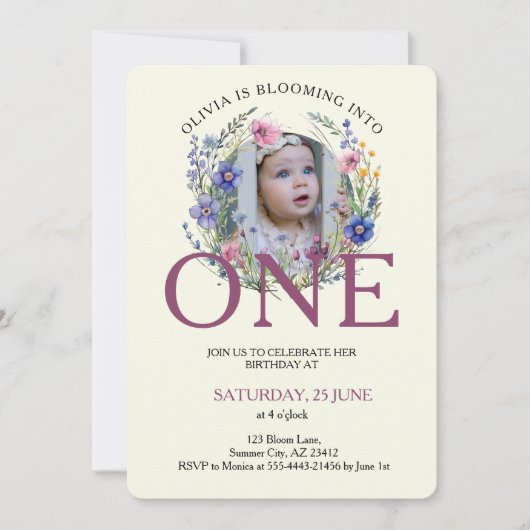 1つのワイルドフラワーにブルーミン写真1st誕生日 招待状 (正面)