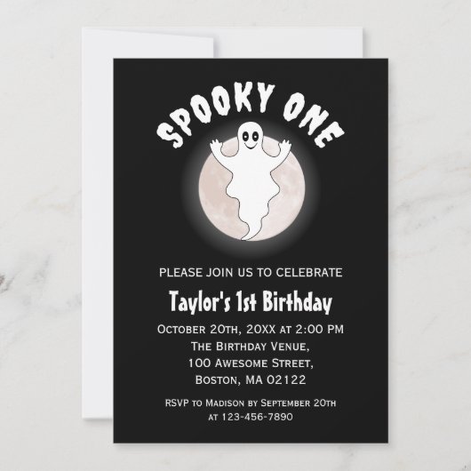 1つの不気味おもしろいハロウィーン幽霊第1の誕生日 招待状 (正面)