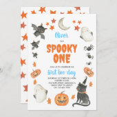 1つの不気味かわいいハロウィンボーイブルー1歳の誕生日 招待状 (正面/裏面)