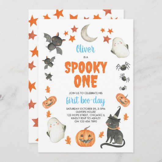 1つの不気味かわいいハロウィンボーイブルー1歳の誕生日 招待状 (正面/裏面)