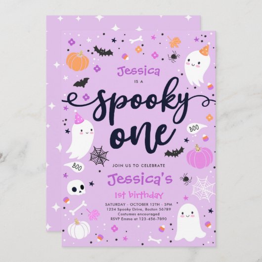 1つの不気味かわいいハロウィーン幽霊1st誕生日パーティー 招待状 (正面/裏面)
