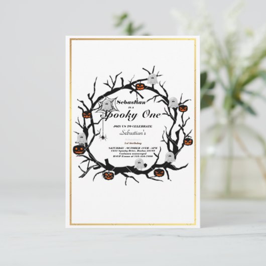 1つの不気味かわいいハロウィーン幽霊1st誕生日パーティー 招待状 (スタンド正面)