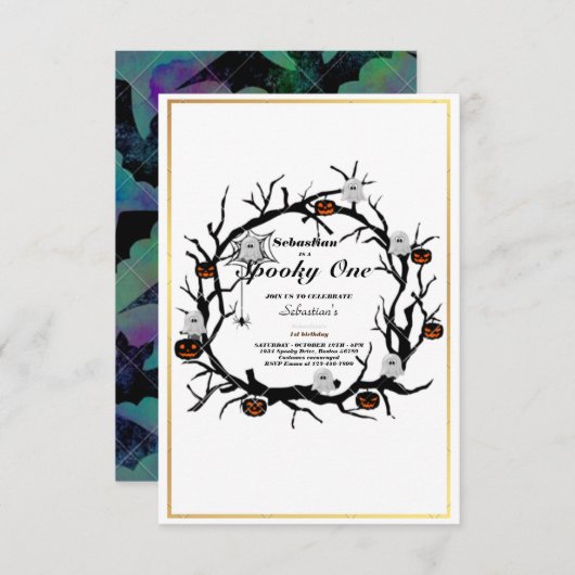 1つの不気味かわいいハロウィーン幽霊1st誕生日パーティー 招待状 (正面/裏面)