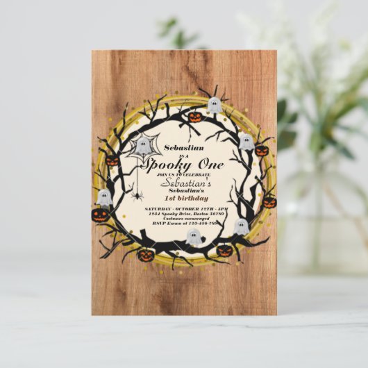 1つの不気味かわいいハロウィーン幽霊1st誕生日パーティー 招待状 (スタンド正面)