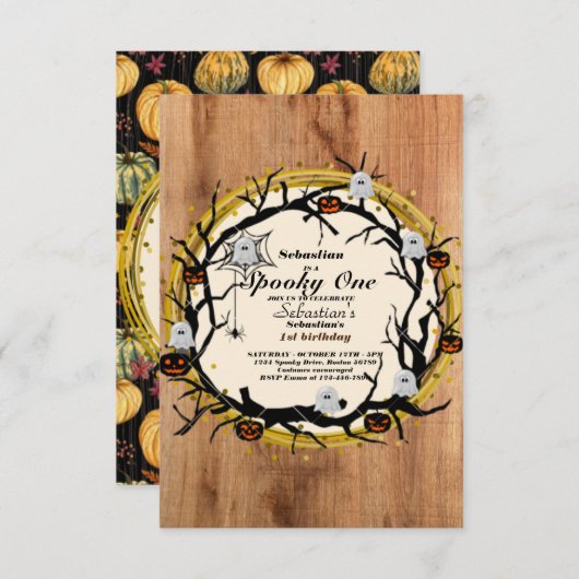 1つの不気味かわいいハロウィーン幽霊1st誕生日パーティー 招待状 (正面/裏面)