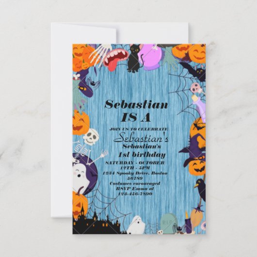 1つの不気味かわいいハロウィーン幽霊1st誕生日パーティー 招待状 (正面)