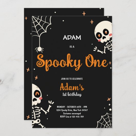 1つの不気味かわいいハロウィーン幽霊1st誕生日パーティー 招待状 (正面/裏面)
