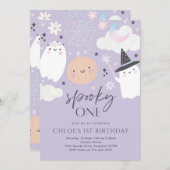 1つの不気味かわいいハロウィーン幽霊1st誕生日パーティー 招待状 (正面/裏面)