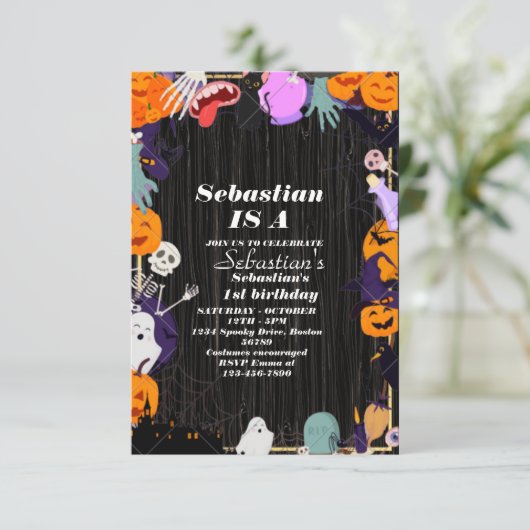 1つの不気味かわいいハロウィーン幽霊1st誕生日パーティー 招待状 (スタンド正面)