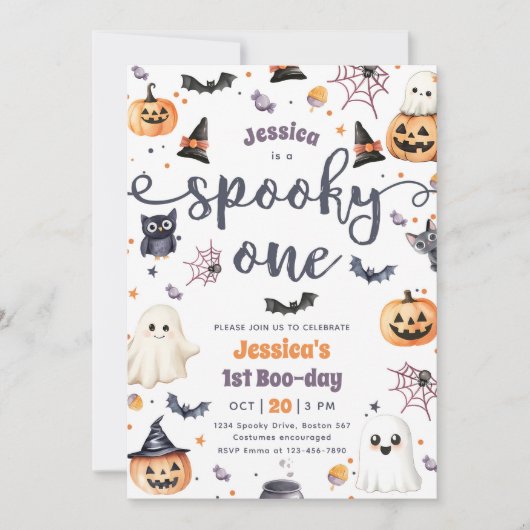 1つの不気味かわいいハロウィーン幽霊1st誕生日パーティー 招待状 (正面)