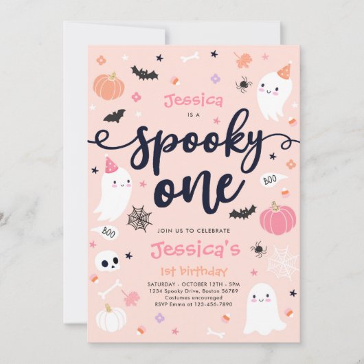 1つの不気味かわいいハロウィーン幽霊1st誕生日パーティー 招待状 (正面)