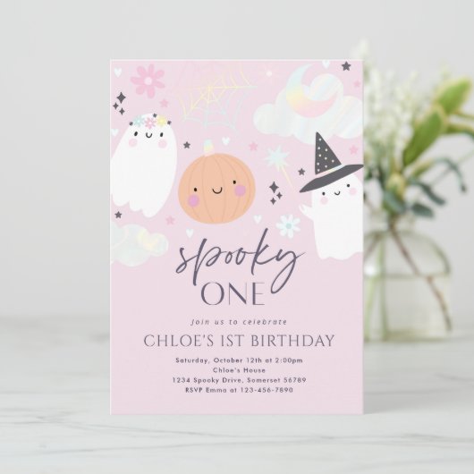 1つの不気味かわいいハロウィーン幽霊1st誕生日パーティー 招待状 (スタンド正面)