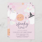 1つの不気味かわいいハロウィーン幽霊1st誕生日パーティー 招待状 (正面/裏面)