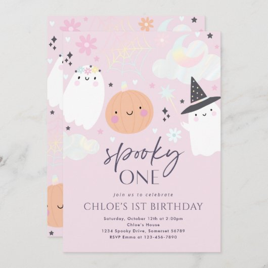 1つの不気味かわいいハロウィーン幽霊1st誕生日パーティー 招待状 (正面/裏面)