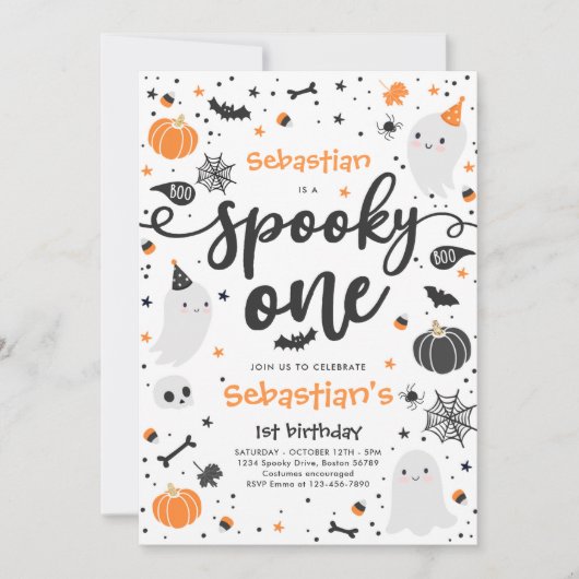 1つの不気味かわいいハロウィーン幽霊1st誕生日パーティー 招待状 (正面)