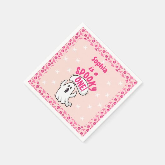 1つの不気味かわいいピンクのハロウィーン幽霊1st誕生日 スタンダードカクテルナプキン (角)
