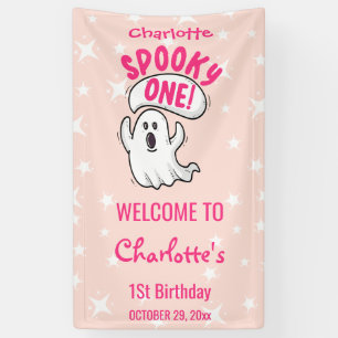 1つの不気味かわいいピンクのハロウィーン幽霊1st誕生日 横断幕