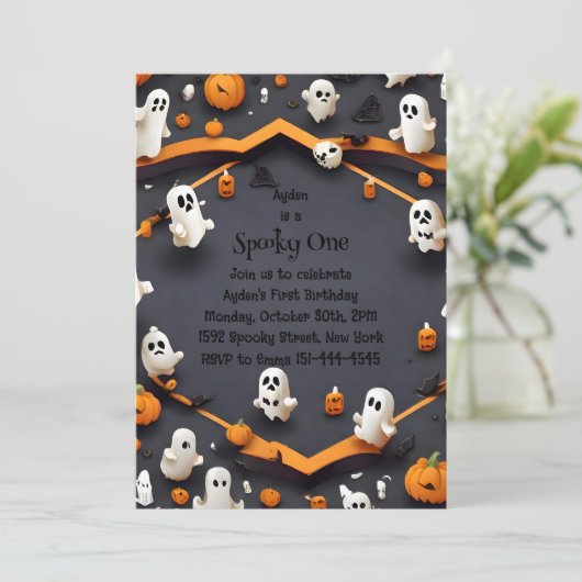 1つの不気味かわいいヴィンテージハロウィーン1歳の誕生日 招待状 (スタンド正面)