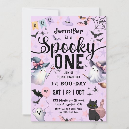 1つの不気味かわいい幽霊ハロウィーン1回目の誕生日パーティー 招待状 (正面)