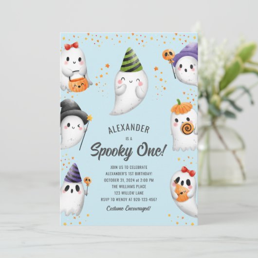 1つの不気味かわいい幽霊ハロウィーン1回目の誕生日パーティー 招待状 (スタンド正面)