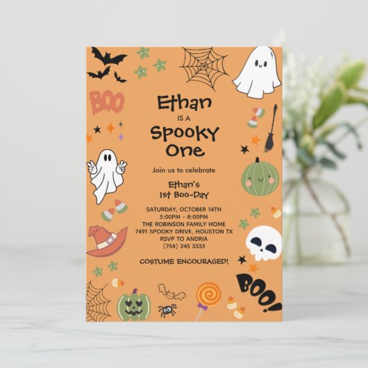 1つの不気味かわいい幽霊ハロウィーン1歳の誕生日 招待状 (スタンド正面)