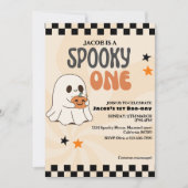 1つの不気味かわいい幽霊レトロ男の子の最初の誕生日 招待状 (正面)