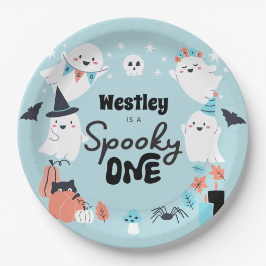 1つの不気味かわいい幽霊少年1歳の誕生日パーティー ペーパープレート (正面)