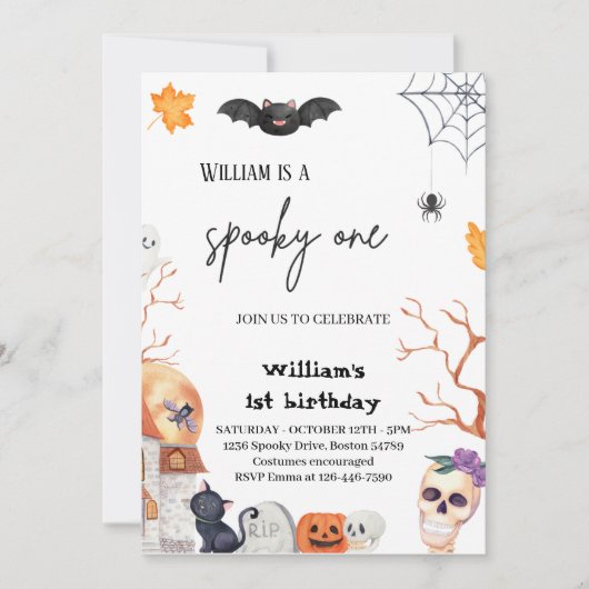 1つの不気味こうもりハロウィンスパイダー1st誕生日 招待状 (正面)